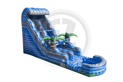 Water slide exterior in the shape of a wave with two three dimesional palm trees in the middle of the slide.